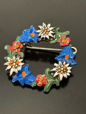 Vintage Enamel Floral Wreath Brooch Edelweiss Blue Bell Flowers Alpine Style